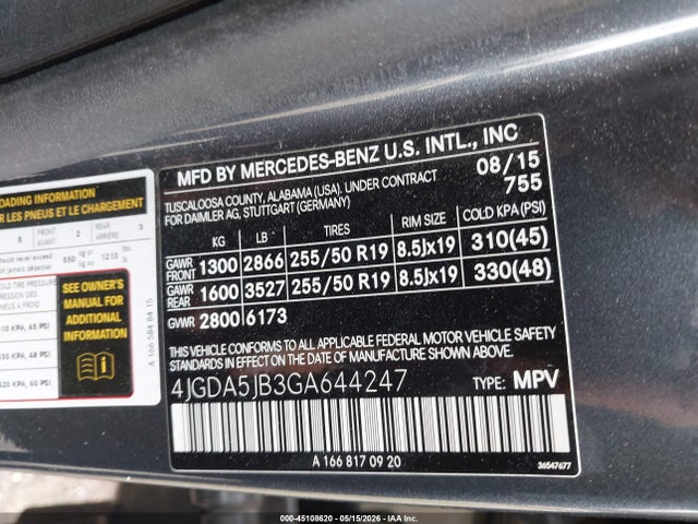 45108620 :رقم المزاد ، 4JGDA5JB3GA644247 vin ، 2016 Mercedes-benz Gle 350 مزاد بيع