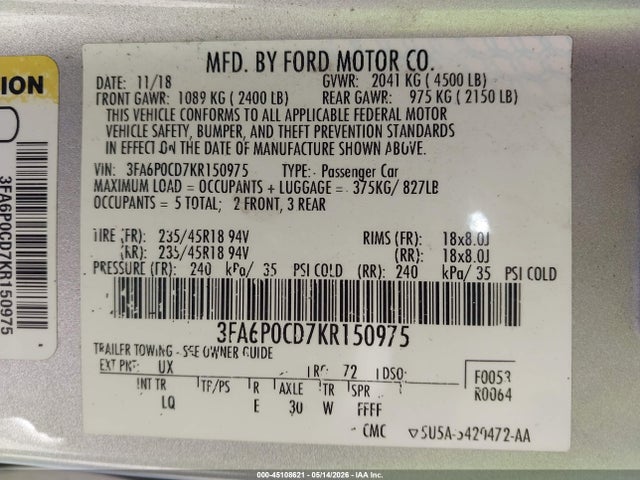 Продаж на аукціоні авто 2019 Ford Fusion Sel, vin: 3FA6P0CD7KR150975, номер лоту: 45108621