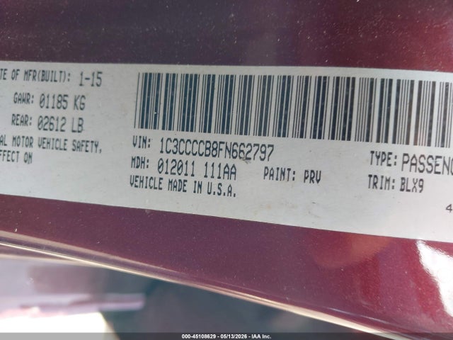 45108629 :رقم المزاد ، 1C3CCCCB8FN662797 vin ، 2015 Chrysler 200 C مزاد بيع