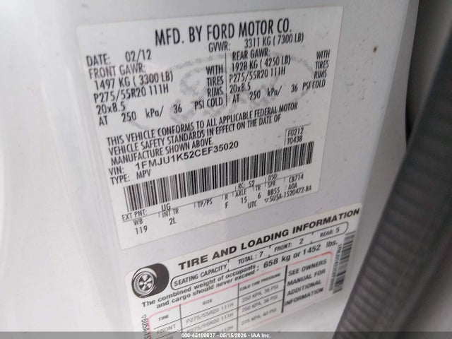 Aukcja sprzedaży 2012 Ford Expedition Limited, vin: 1FMJU1K52CEF35020, numer aukcji: 45108637