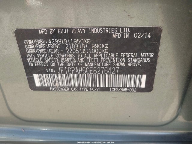 Продажа на аукционе авто 2014 Subaru Impreza 2.0i Limited, vin: JF1GPAH60E8276427, номер лота: 45108643