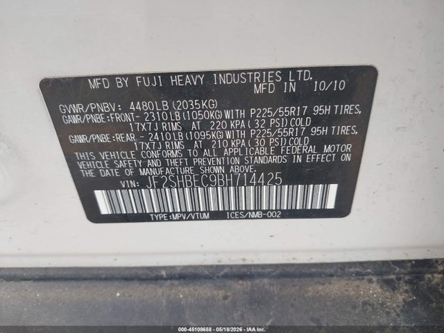 45108658 :رقم المزاد ، JF2SHBEC9BH714425 vin ، 2011 Subaru Forester 2.5x Limited مزاد بيع