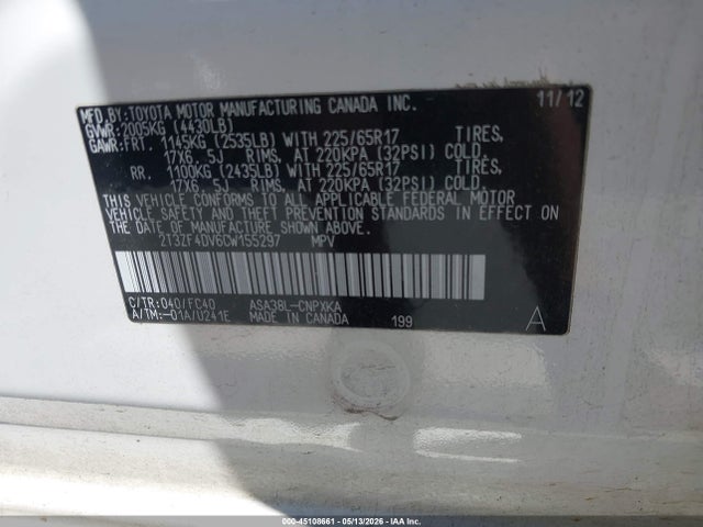 Aukcja sprzedaży 2012 Toyota Rav4, vin: 2T3ZF4DV6CW155297, numer aukcji: 45108661
