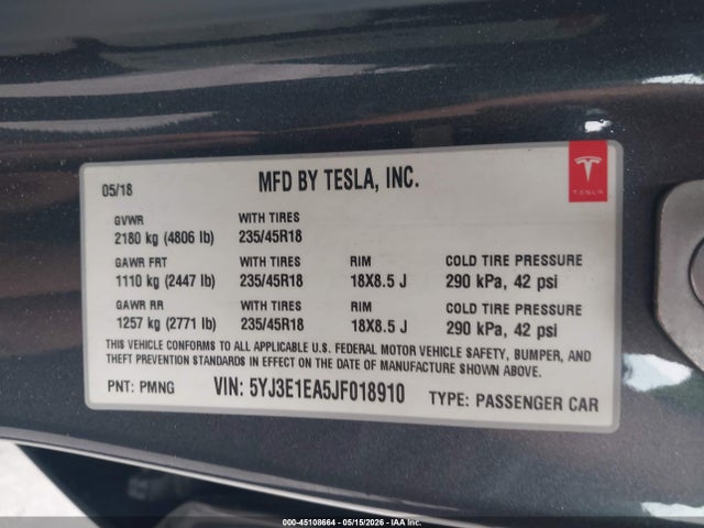 Aukcja sprzedaży 2018 Tesla Model 3 Long Range/mid Range, vin: 5YJ3E1EA5JF018910, numer aukcji: 45108664