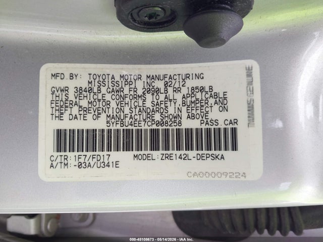 Продажа на аукционе авто 2012 Toyota Corolla S, vin: 5YFBU4EE7CP008258, номер лота: 45108673