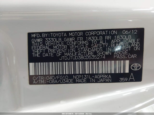 2012 Toyota Yaris Le მანქანა იყიდება აუქციონზე, vin: JTDJTUD38CD535274, აუქციონის ნომერი: 45108676