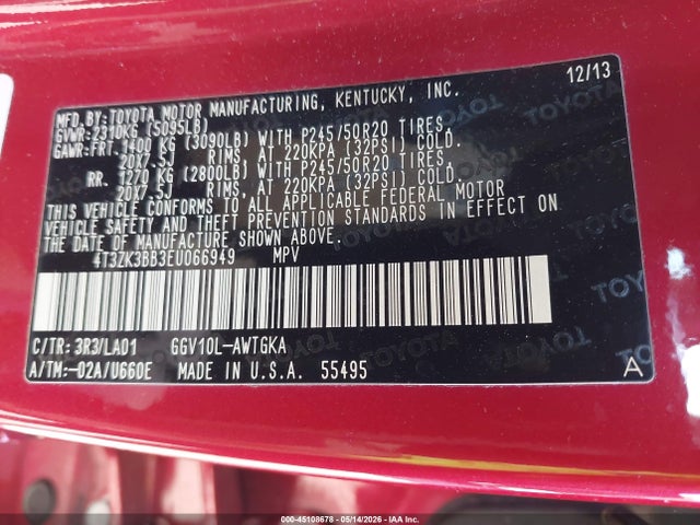 2014 Toyota Venza Xle V6 მანქანა იყიდება აუქციონზე, vin: 4T3ZK3BB3EU066949, აუქციონის ნომერი: 45108678