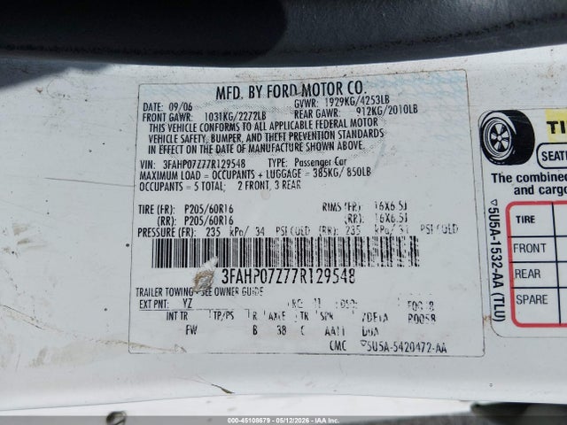 Aukcja sprzedaży 2007 Ford Fusion Se, vin: 3FAHP07Z77R129548, numer aukcji: 45108679