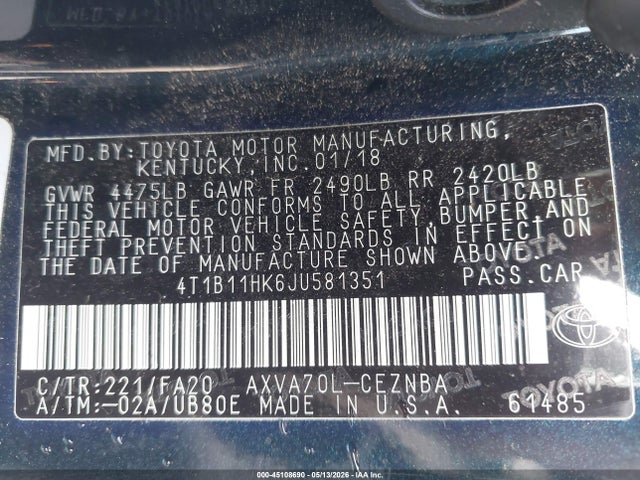 Aukcja sprzedaży 2018 Toyota Camry Le, vin: 4T1B11HK6JU581351, numer aukcji: 45108690