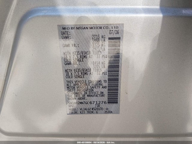 Aukcja sprzedaży 2016 Nissan Pathfinder Sl, vin: 5N1AR2MN7GC671276, numer aukcji: 45108694