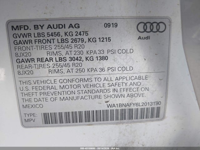Продажа на аукционе авто 2020 Audi Q5 Premium Plus 45 Tfsi Quattro S Tronic, vin: WA1BNAFY6L2013190, номер лота: 45108695