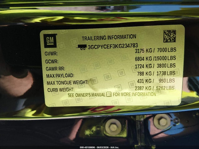 Продаж на аукціоні авто 2019 Chevrolet Silverado 1500 Custom Trail Boss, vin: 3GCPYCEF3KG234783, номер лоту: 45108696