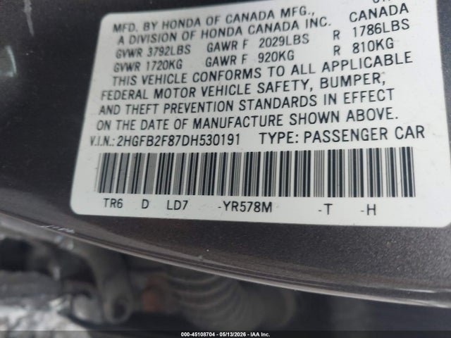 45108704 :رقم المزاد ، 2HGFB2F87DH530191 vin ، 2013 Honda Civic Ex مزاد بيع