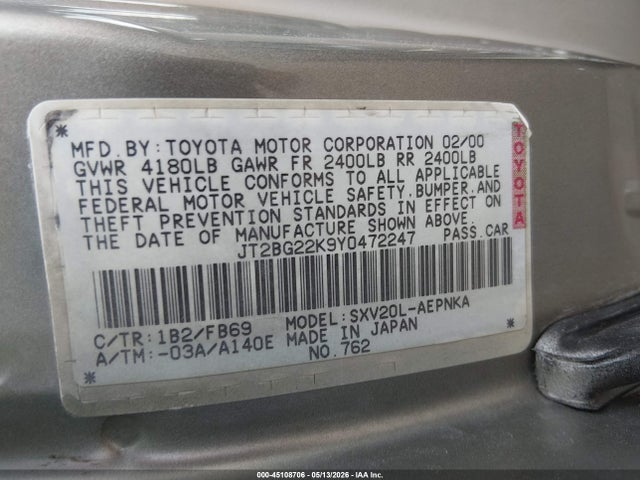 45108706 :رقم المزاد ، JT2BG22K9Y0472247 vin ، 2000 Toyota Camry Le مزاد بيع