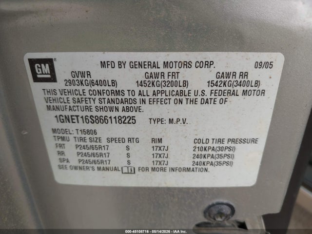 45108716 :رقم المزاد ، 1GNET16S866118225 vin ، 2006 Chevrolet Trailblazer Lt مزاد بيع