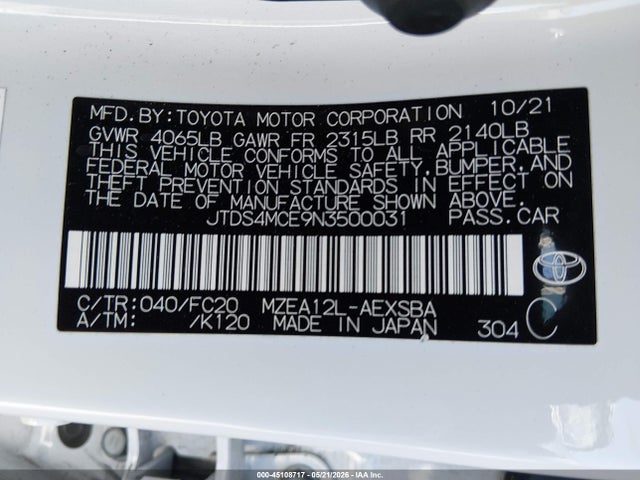 2022 Toyota Corolla Se მანქანა იყიდება აუქციონზე, vin: JTDS4MCE9N3500031, აუქციონის ნომერი: 45108717