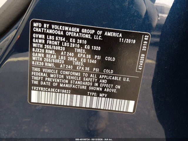 Продажа на аукционе авто 2019 Volkswagen Atlas 3.6l V6 Se W/technology R-line, vin: 1V2YR2CA3KC619622, номер лота: 45108724