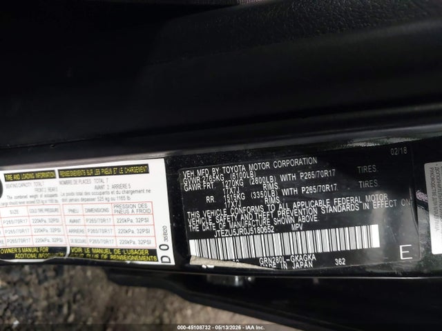 Aukcja sprzedaży 2018 Toyota 4runner Sr5, vin: JTEZU5JR0J5180652, numer aukcji: 45108732