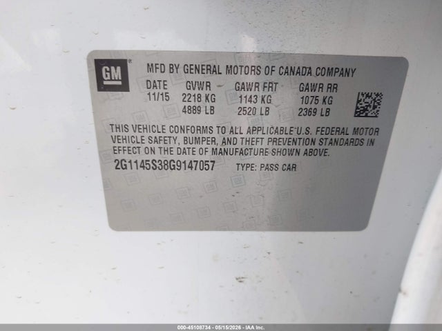 2016 Chevrolet Impala 2lz მანქანა იყიდება აუქციონზე, vin: 2G1145S38G9147057, აუქციონის ნომერი: 45108734