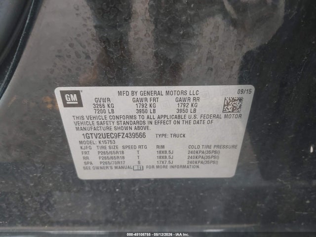 Продаж на аукціоні авто 2015 Gmc Sierra 1500 Sle, vin: 1GTV2UEC9FZ439566, номер лоту: 45108755