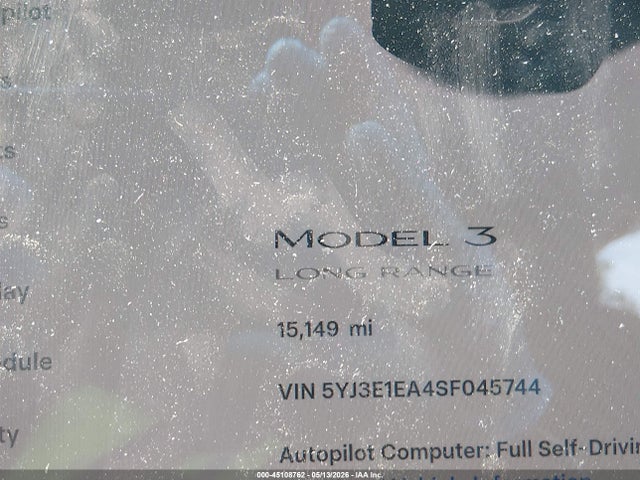 Продаж на аукціоні авто 2025 Tesla Model 3 Long Range Rear-wheel Drive/standard Rear-wheel Drive, vin: 5YJ3E1EA4SF045744, номер лоту: 45108762