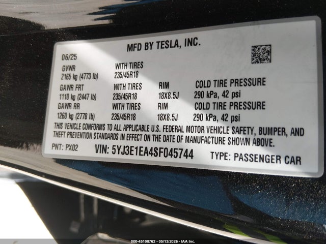 Продаж на аукціоні авто 2025 Tesla Model 3 Long Range Rear-wheel Drive/standard Rear-wheel Drive, vin: 5YJ3E1EA4SF045744, номер лоту: 45108762