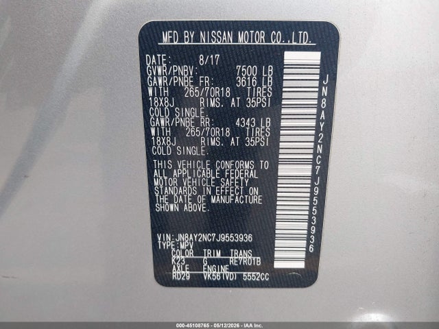 Продажа на аукционе авто 2018 Nissan Armada Sv, vin: JN8AY2NC7J9553936, номер лота: 45108765