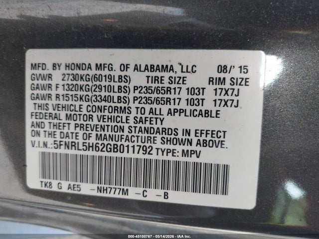 Aukcja sprzedaży 2016 Honda Odyssey Ex-l, vin: 5FNRL5H62GB011792, numer aukcji: 45108767