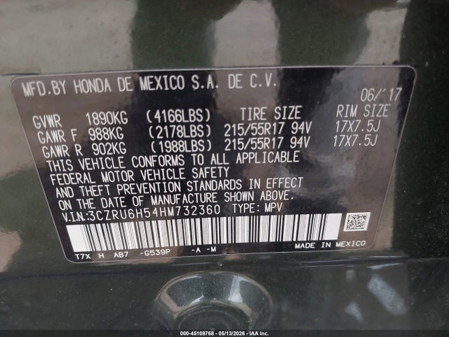 45108768 :رقم المزاد ، 3CZRU6H54HM732360 vin ، 2017 Honda Hr-v Ex مزاد بيع