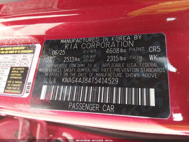 Продаж на аукціоні авто 2026 Kia K5 Gt, vin: KNAG44J84T5414529, номер лоту: 45108769
