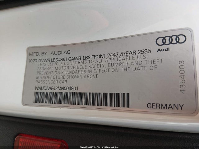 Продаж на аукціоні авто 2021 Audi A4 Premium 45 Tfsi S Line Quattro S Tronic, vin: WAUDAAF42MN004801, номер лоту: 45108772