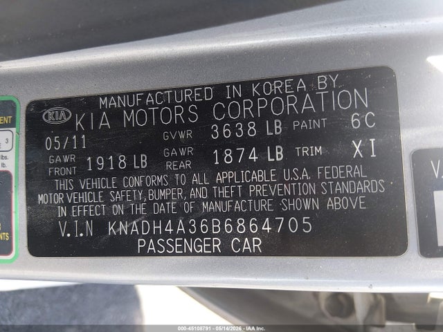 45108791 :رقم المزاد ، KNADH4A36B6864705 vin ، 2011 Kia Rio Lx مزاد بيع