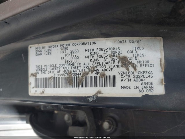 45108792 :رقم المزاد ، JT3GN87R4V0044758 vin ، 1997 Toyota 4runner Sr5 V6 Limited مزاد بيع