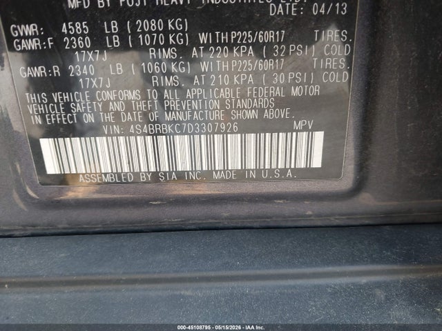 45108795 :رقم المزاد ، 4S4BRBKC7D3307926 vin ، 2013 Subaru Outback 2.5i Limited مزاد بيع