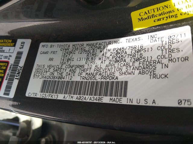 Aukcja sprzedaży 2011 Toyota Tacoma Prerunner, vin: 5TFJX4GN3BX004112, numer aukcji: 45108797