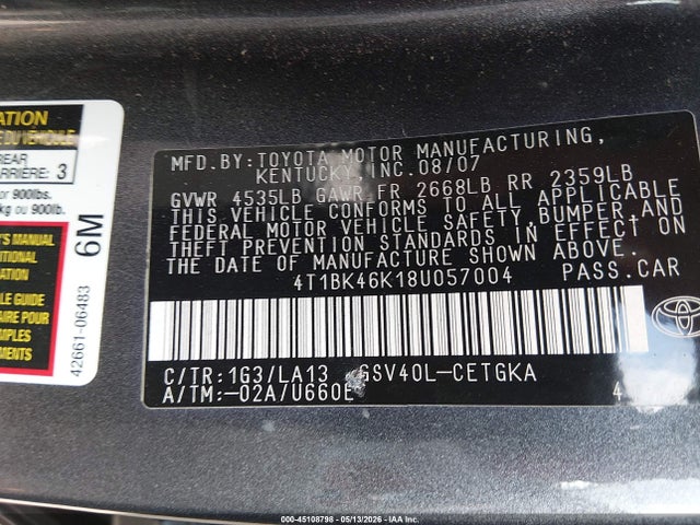 Продаж на аукціоні авто 2008 Toyota Camry Xle V6, vin: 4T1BK46K18U057004, номер лоту: 45108798