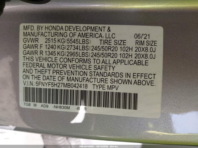Aukcja sprzedaży 2021 Honda Pilot 2wd Special Edition, vin: 5FNYF5H27MB042418, numer aukcji: 45108801