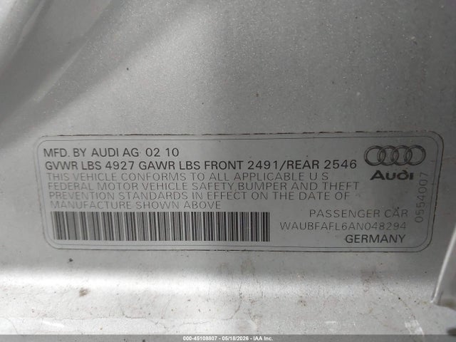 Aukcja sprzedaży 2010 Audi A4 2.0t Premium, vin: WAUBFAFL6AN048294, numer aukcji: 45108807