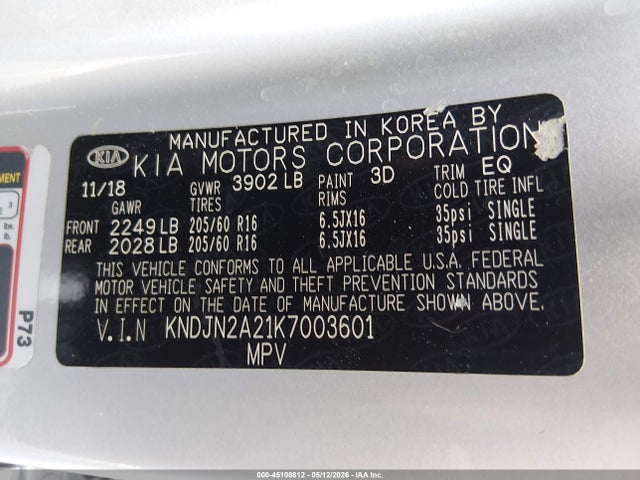 45108812 :رقم المزاد ، KNDJN2A21K7003601 vin ، 2019 Kia Soul ! مزاد بيع