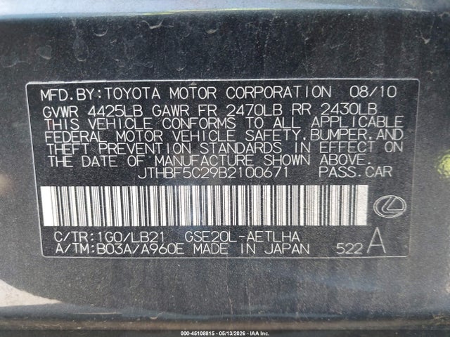 Aukcja sprzedaży 2011 Lexus Is 250, vin: JTHBF5C29B2100671, numer aukcji: 45108815