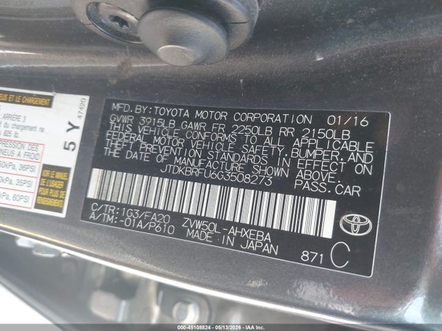 45108824 :رقم المزاد ، JTDKBRFU6G3508273 vin ، 2016 Toyota Prius Two مزاد بيع