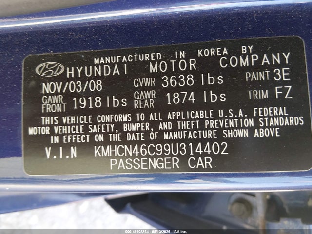 Продаж на аукціоні авто 2009 Hyundai Accent Gls, vin: KMHCN46C99U314402, номер лоту: 45108834