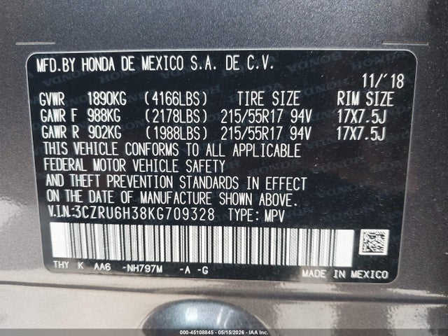 2019 Honda Hr-v Lx მანქანა იყიდება აუქციონზე, vin: 3CZRU6H38KG709328, აუქციონის ნომერი: 45108845