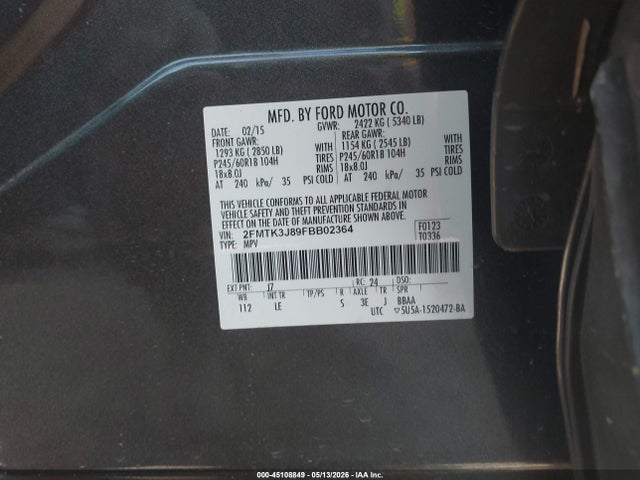 45108849 :رقم المزاد ، 2FMTK3J89FBB02364 vin ، 2015 Ford Edge Sel مزاد بيع