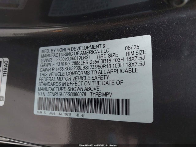 5FNRL6H65SB086078 Honda Odyssey Ex-l