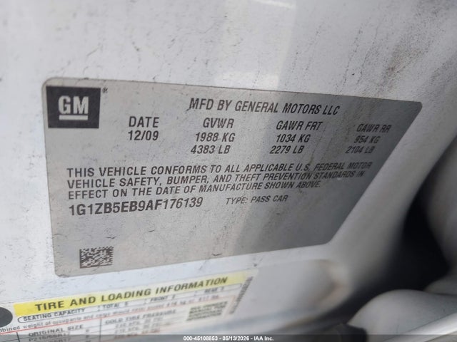 45108853 :رقم المزاد ، 1G1ZB5EB9AF176139 vin ، 2010 Chevrolet Malibu Ls مزاد بيع