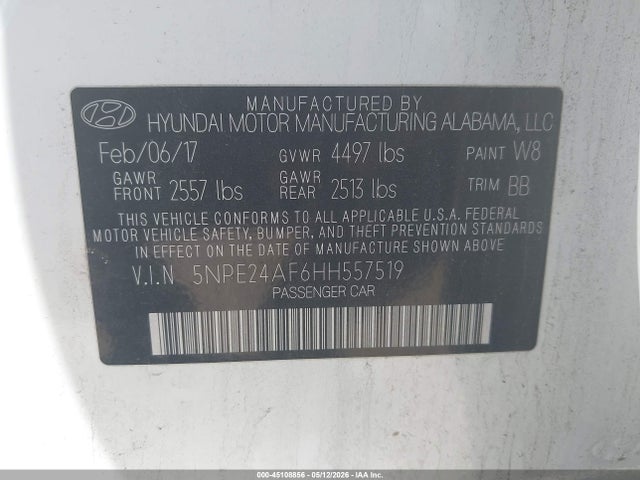 45108856 :رقم المزاد ، 5NPE24AF6HH557519 vin ، 2017 Hyundai Sonata Se مزاد بيع