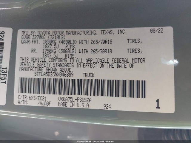 Toyota Tundra Sr5 2022 5TFLA5DB3NX046889 Image 9
