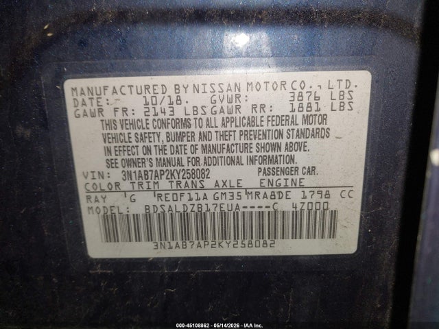 Aukcja sprzedaży 2019 Nissan Sentra Sv, vin: 3N1AB7AP2KY258082, numer aukcji: 45108862