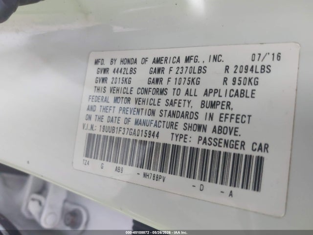 Aukcja sprzedaży 2016 Acura Tlx, vin: 19UUB1F37GA015944, numer aukcji: 45108872